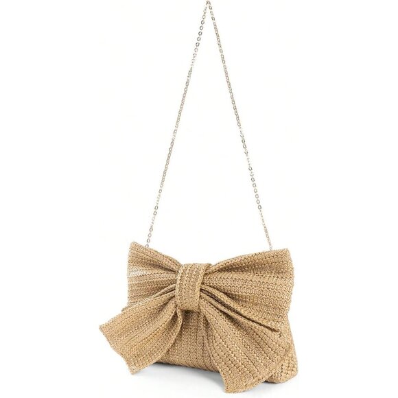 Women's Straw Bow Crossbody Bag Polyester Summer Satchel with Chain - Picture 5 of 6